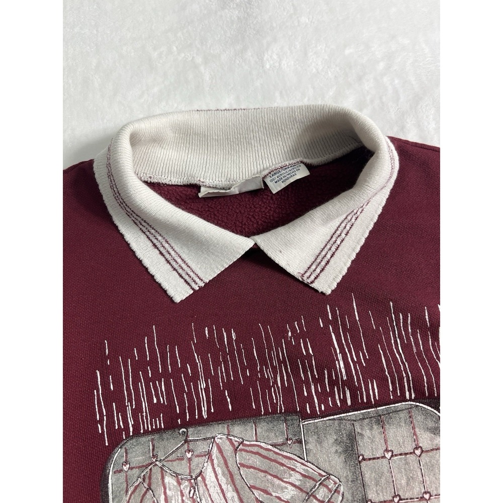 Basic Editions Burgundy Collared Pullover Sweatshirt Bear Graphic Women's L Fall - Picture 4 of 12